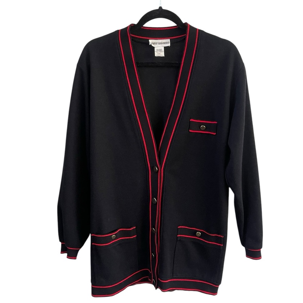 Womens Cardigan Medium Collegiate Varsity School Girl Vintage Red Black V Neck